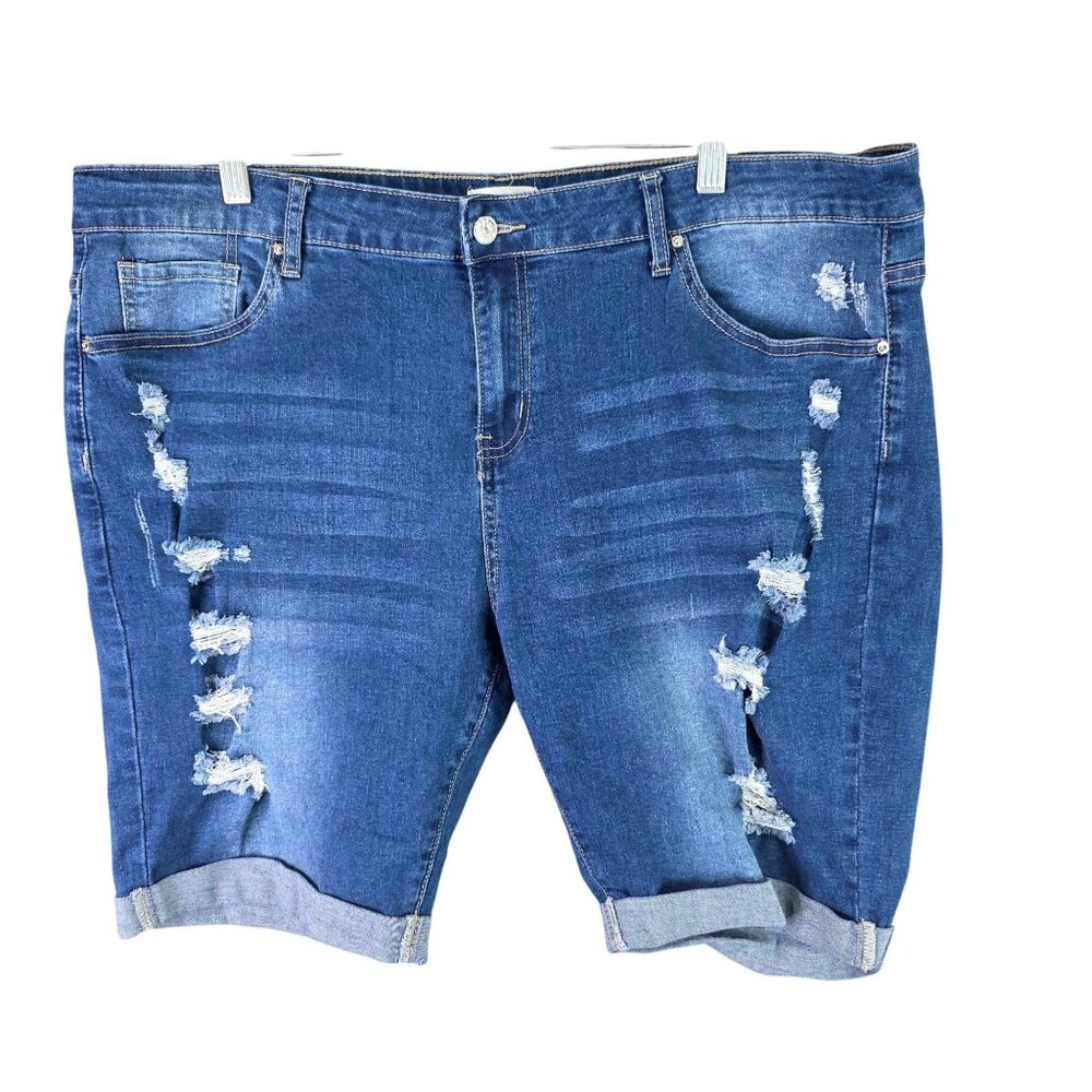 Womens Chic Soul Distressed Blue Denim Bermuda Shorts Rolled Hem Cotton Blend 1X